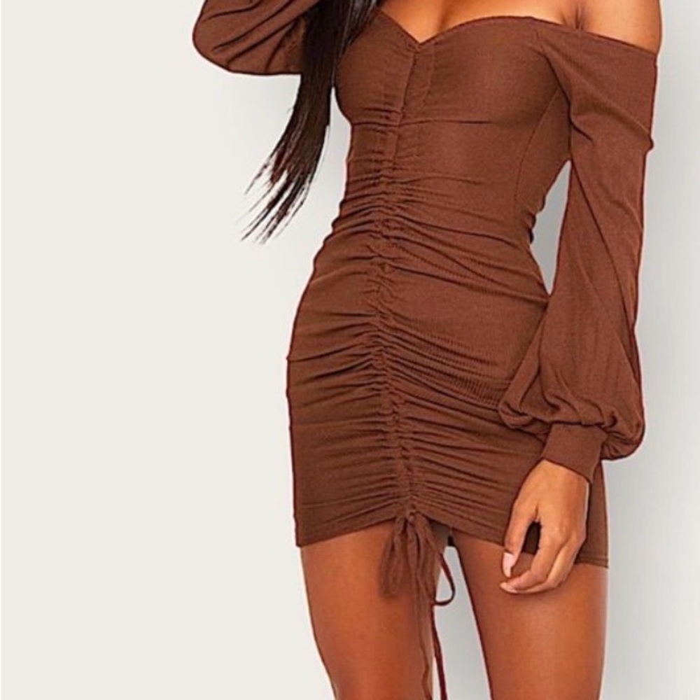 PrettyLittleThing Brown Ruched Off-Shoulder Mini Dress